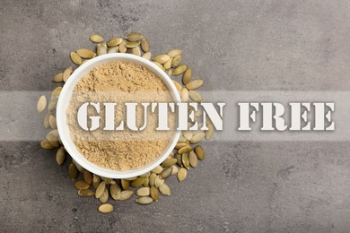 Image of Gluten free products. Bowl with pumpkin flour on grey table and text, top view