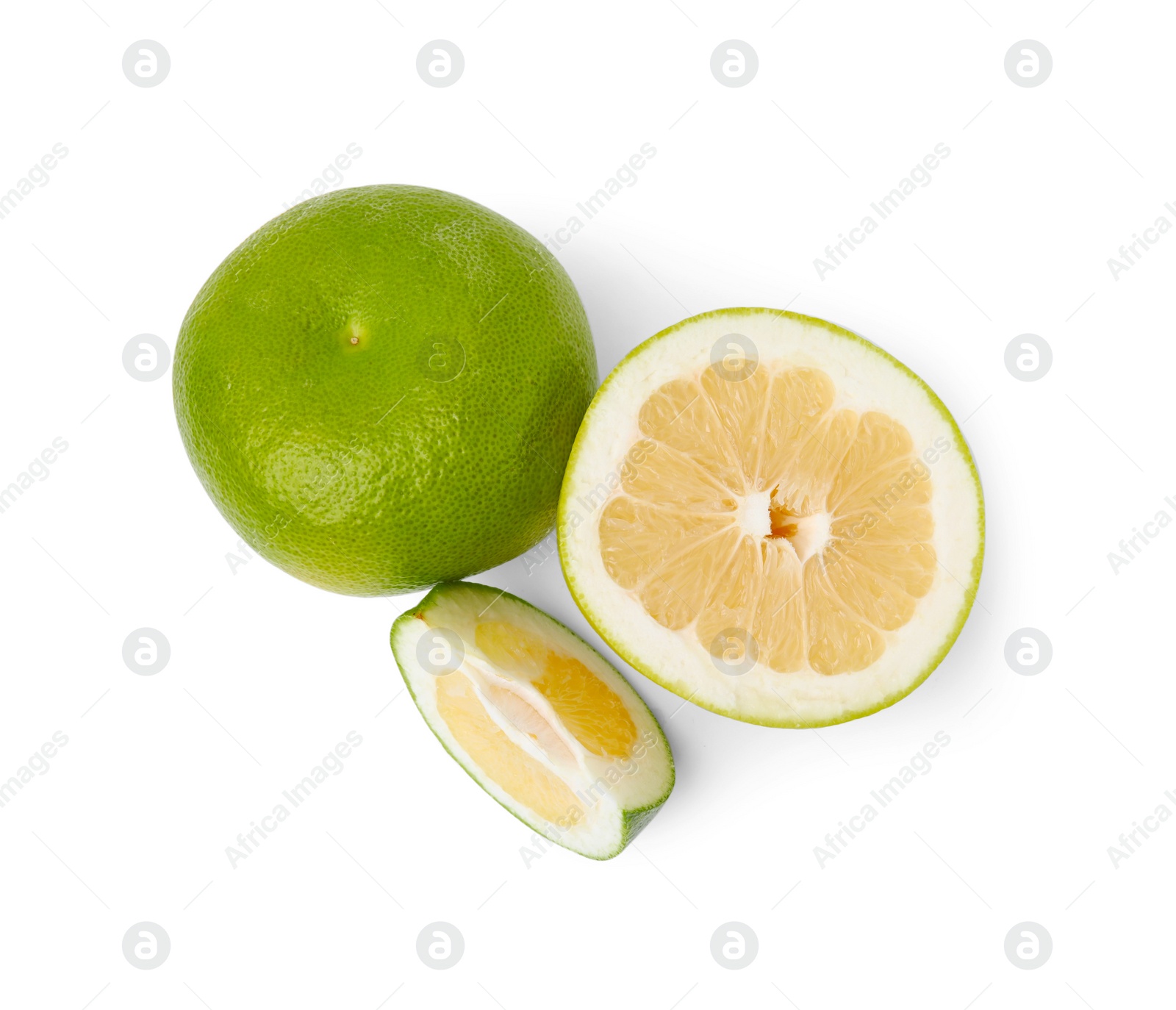 Photo of Whole and cut sweetie fruits on white background, top view