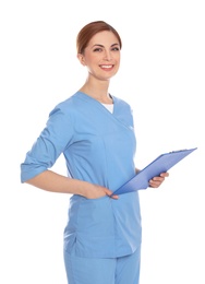 Photo of Portrait of medical doctor with clipboard isolated on white