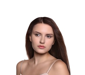 Portrait of beautiful young woman with healthy strong hair on white background