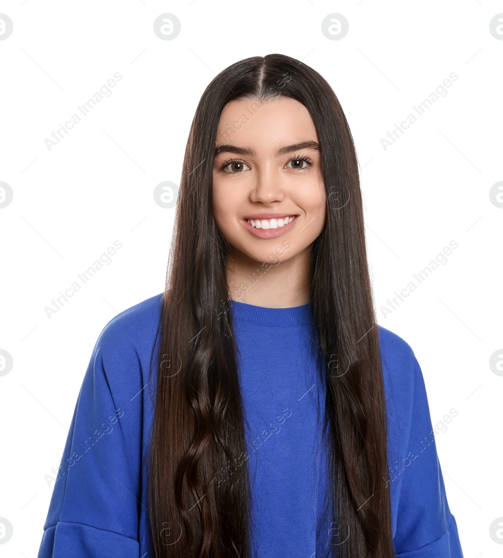 Photo of Portrait of happy teenage girl on white background