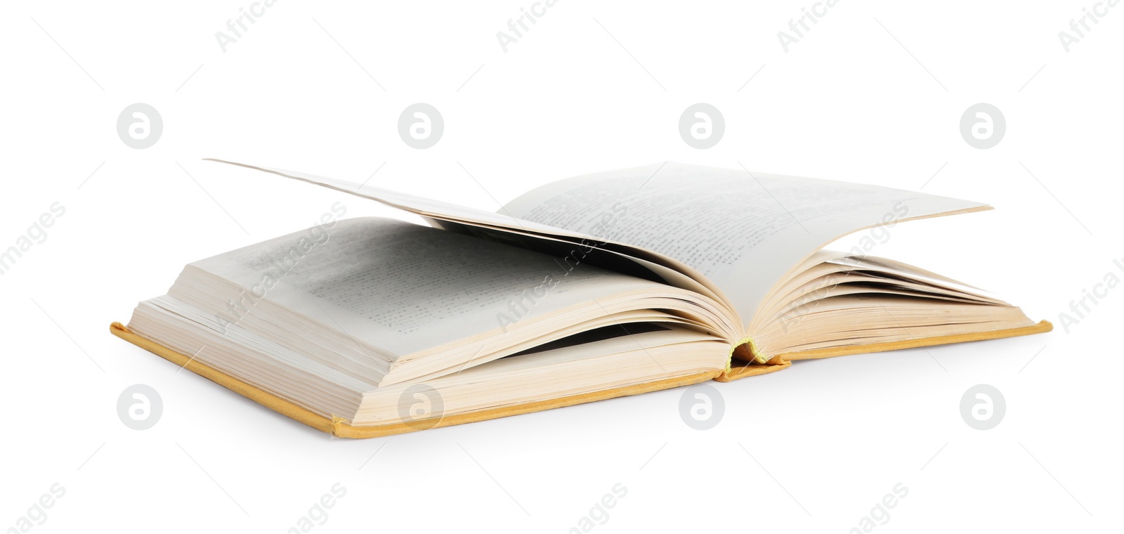 Photo of Old open hardcover book isolated on white