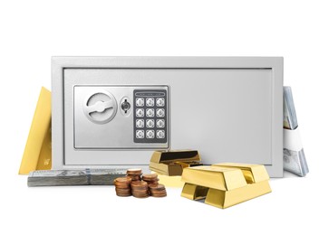 Image of Closed steel safe with money and gold bars on white background