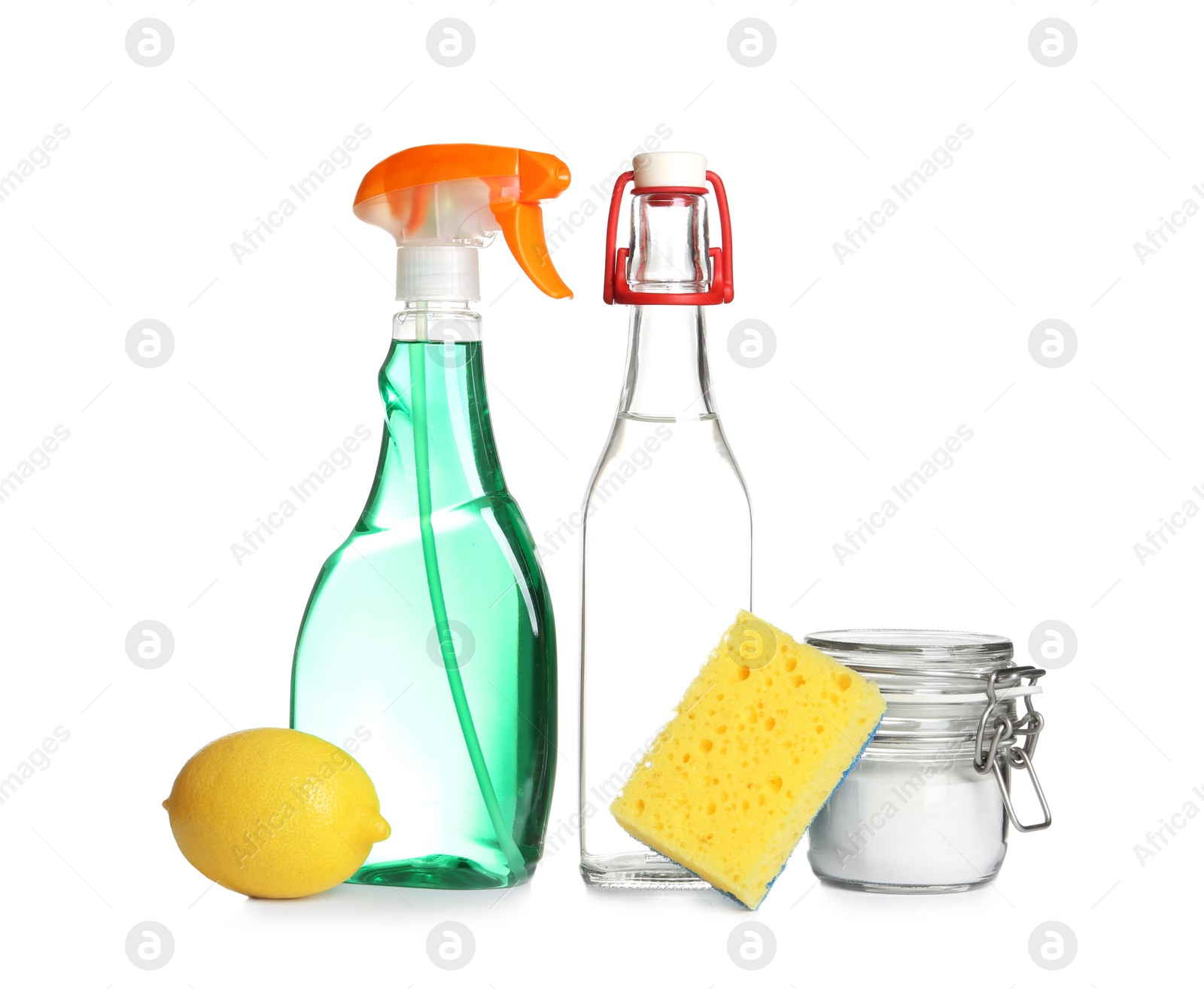 Photo of Composition with vinegar, lemon and baking soda on white background. House cleaning