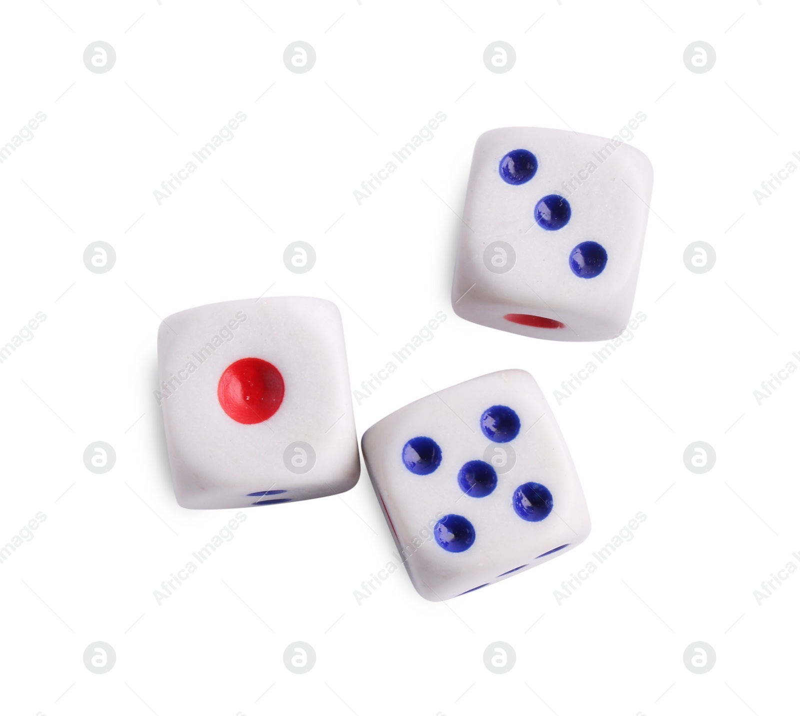 Photo of Three dices isolated on white, top view
