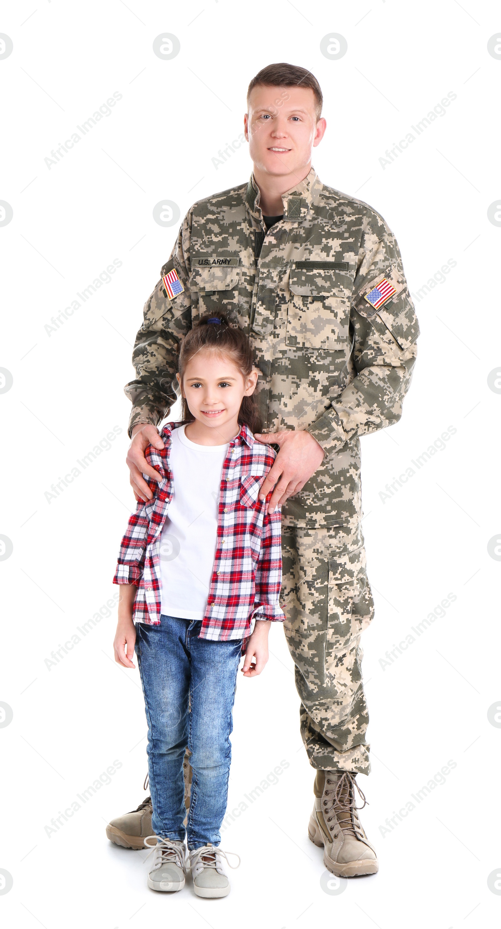 Photo of Male soldier with his daughter on white background. Military service