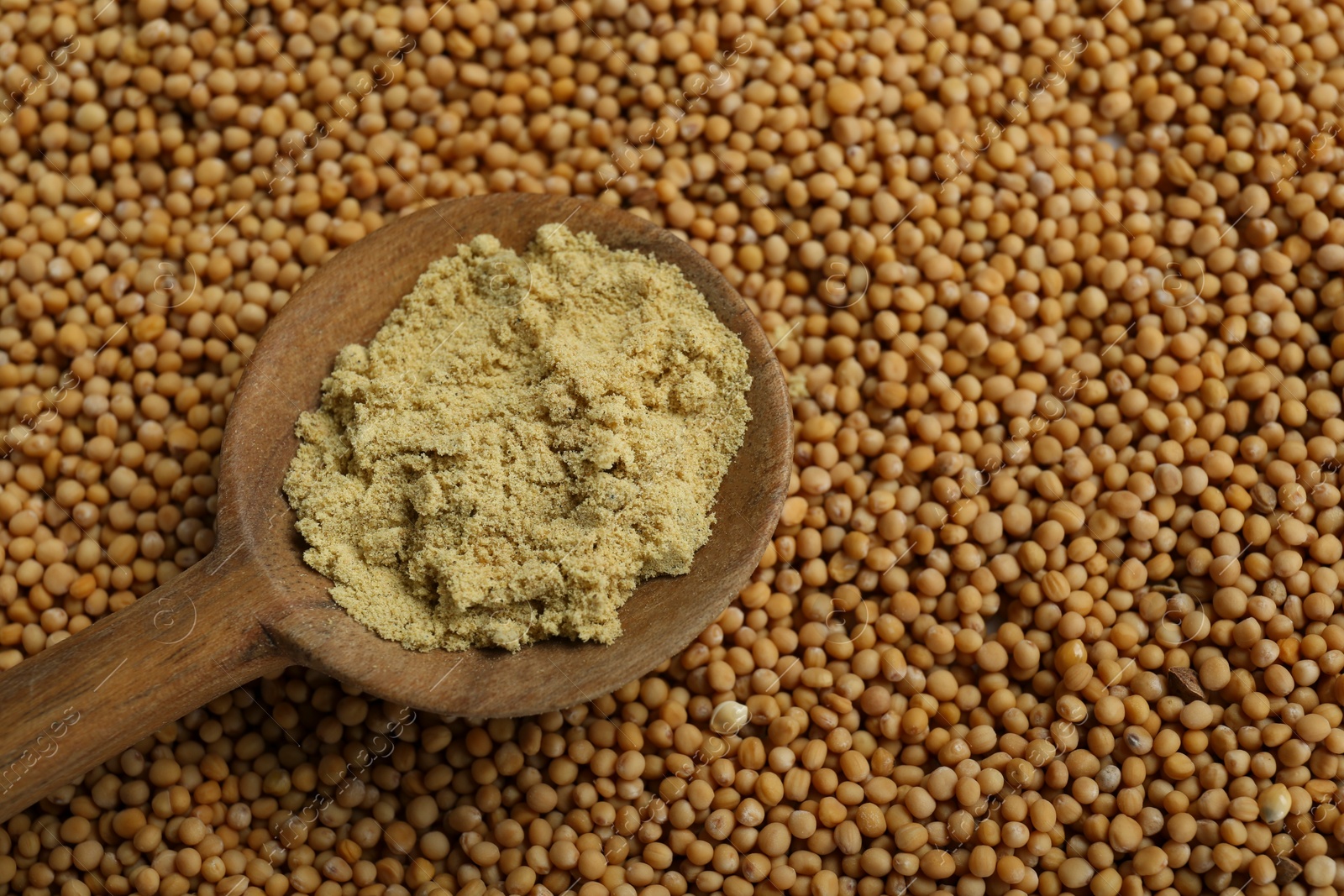 Photo of Wooden spoon of aromatic mustard powder on seeds, top view. Space for text