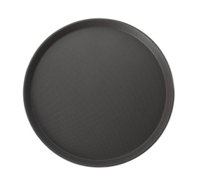 Photo of New black serving tray isolated on white, top view