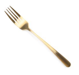 Photo of One shiny golden fork isolated on white, top view