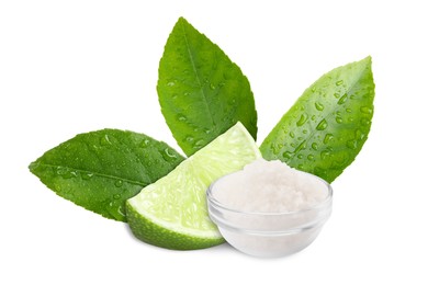 Image of Cut lime and salt isolated on white. Margarita cocktail ingredients