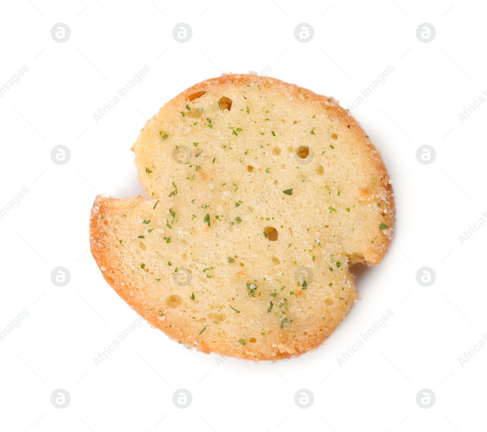 Photo of Crispy rusk with seasoning isolated on white, top view