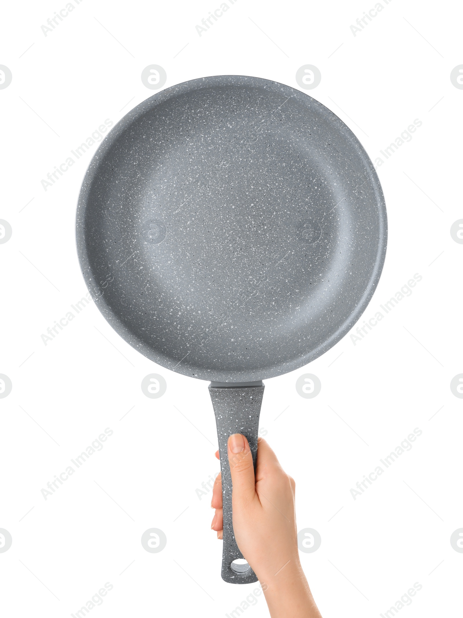 Photo of Woman holding new non-stick frying pan on white background, closeup