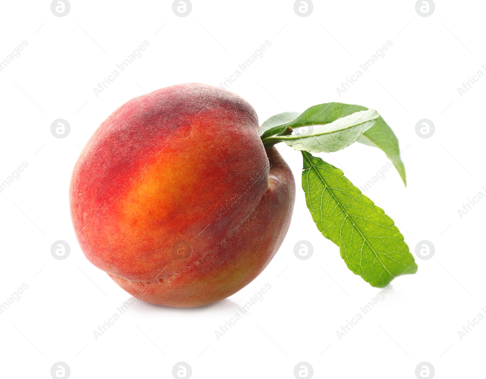 Photo of Delicious ripe juicy peach with leaves isolated on white