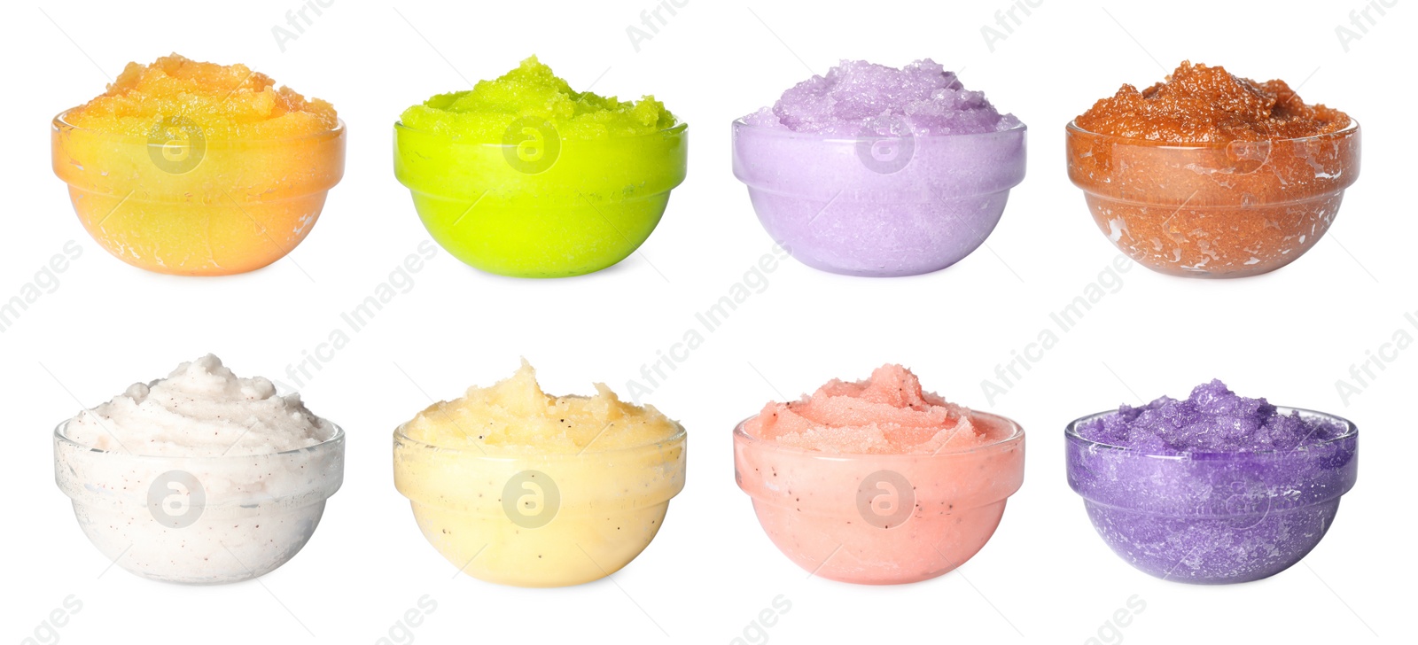Image of Set with different body scrubs in bowls on white background. Banner design