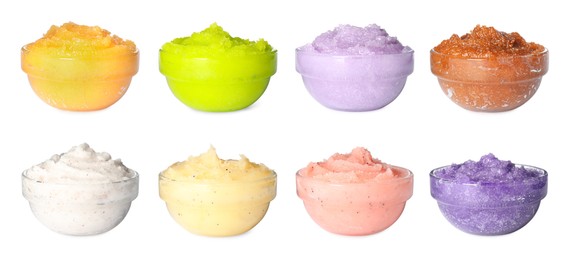 Set with different body scrubs in bowls on white background. Banner design