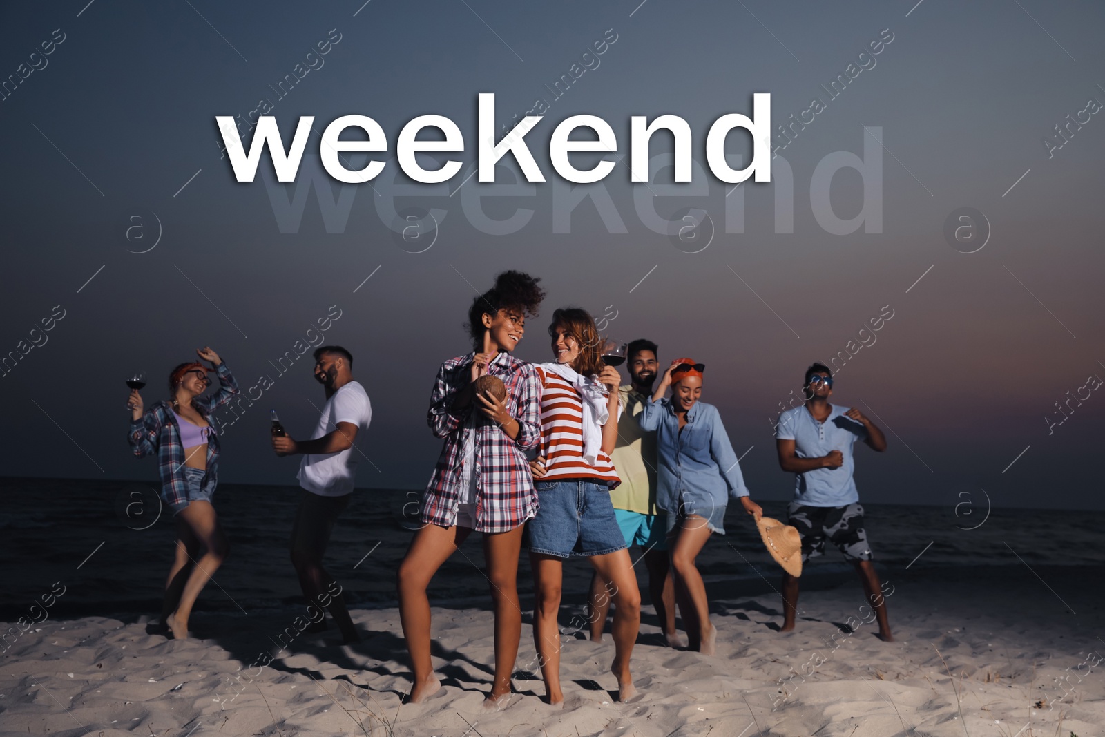 Image of Hello Weekend. Happy friends enjoying summer beach party in evening
