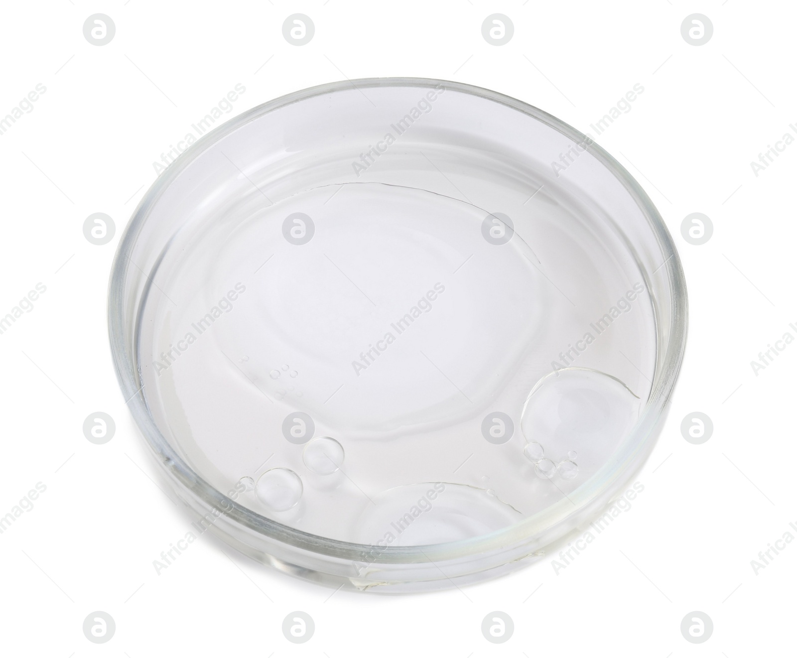 Photo of Petri dish with liquid sample isolated on white