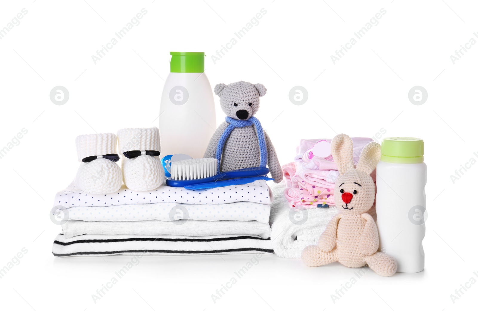 Photo of Set of baby accessories on white background