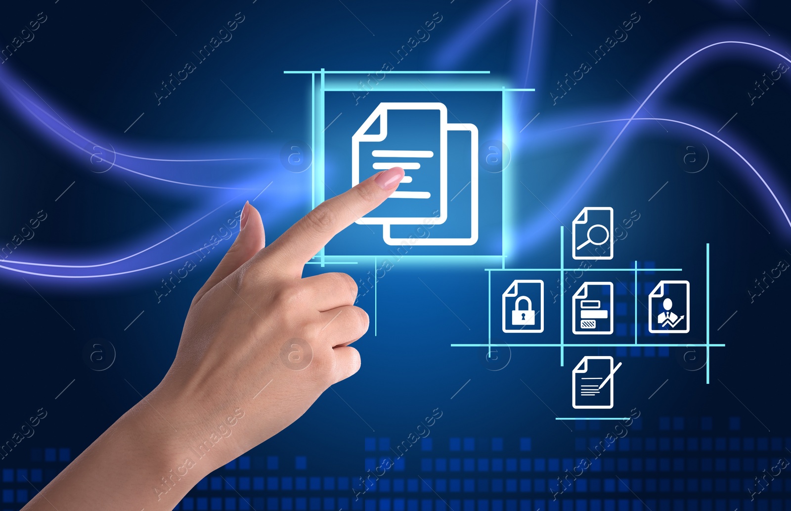 Image of Woman pointing at document icon on virtual screen, closeup