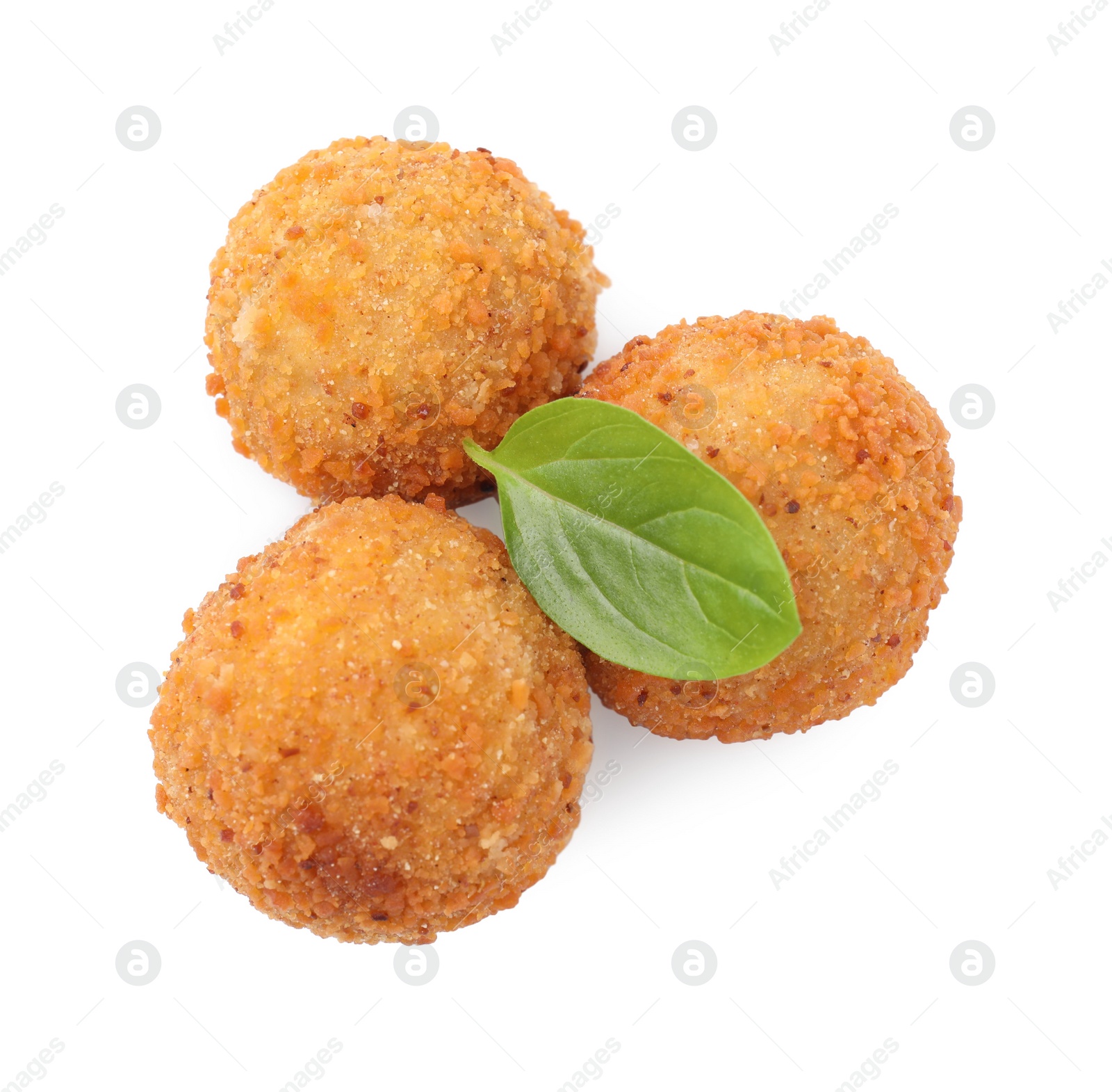 Photo of Delicious fried tofu balls and basil on white background, top view