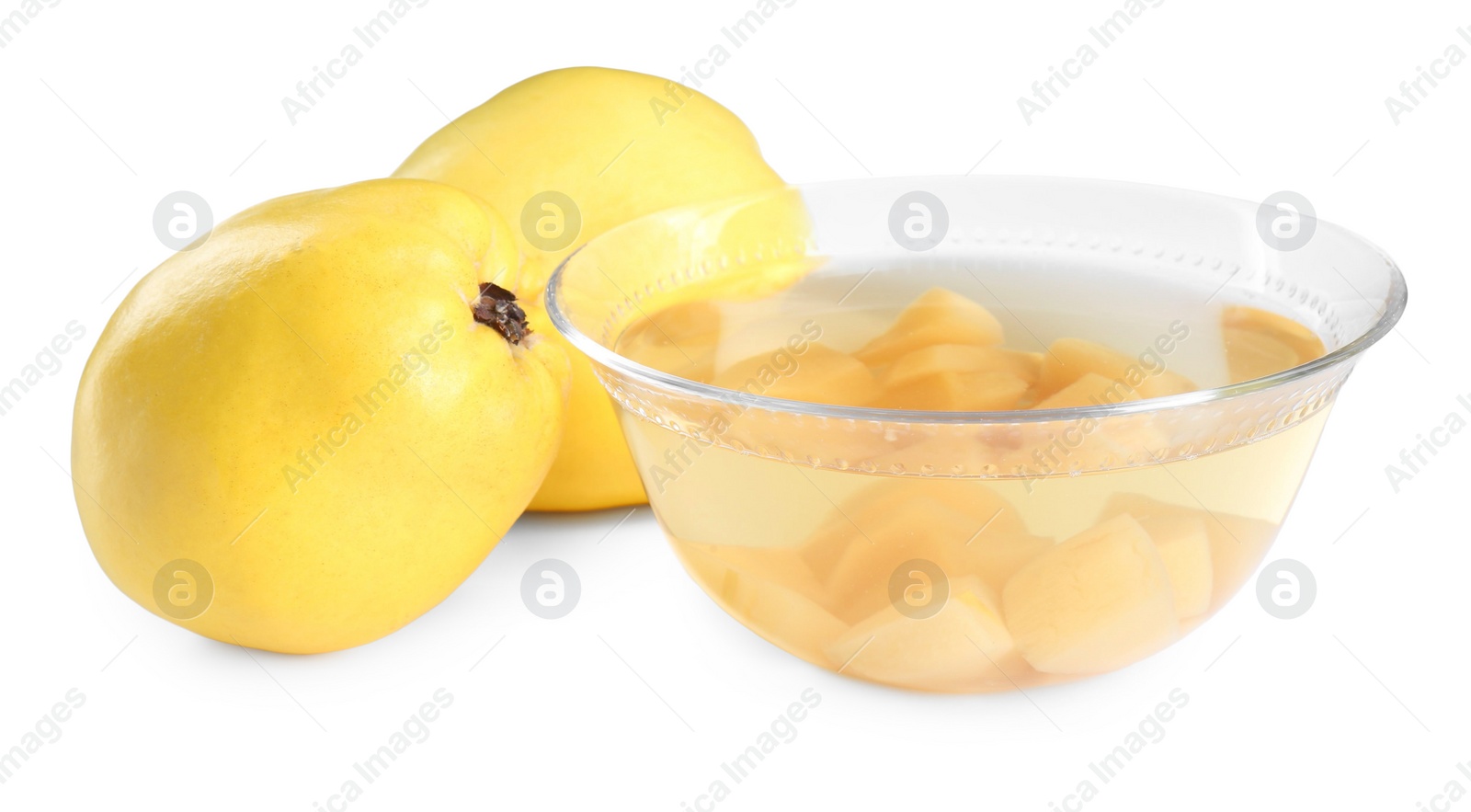 Photo of Delicious quince drink in glass bowl and fresh fruits isolated on white