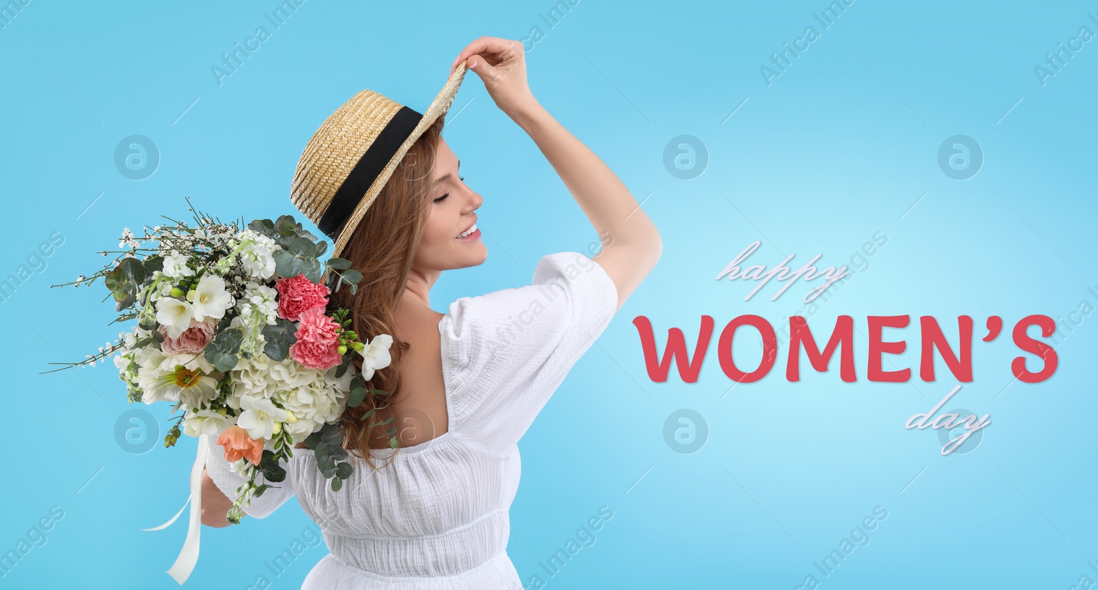 Image of Happy Women's Day, Charming lady holding bouquet of beautiful flowers on light blue background