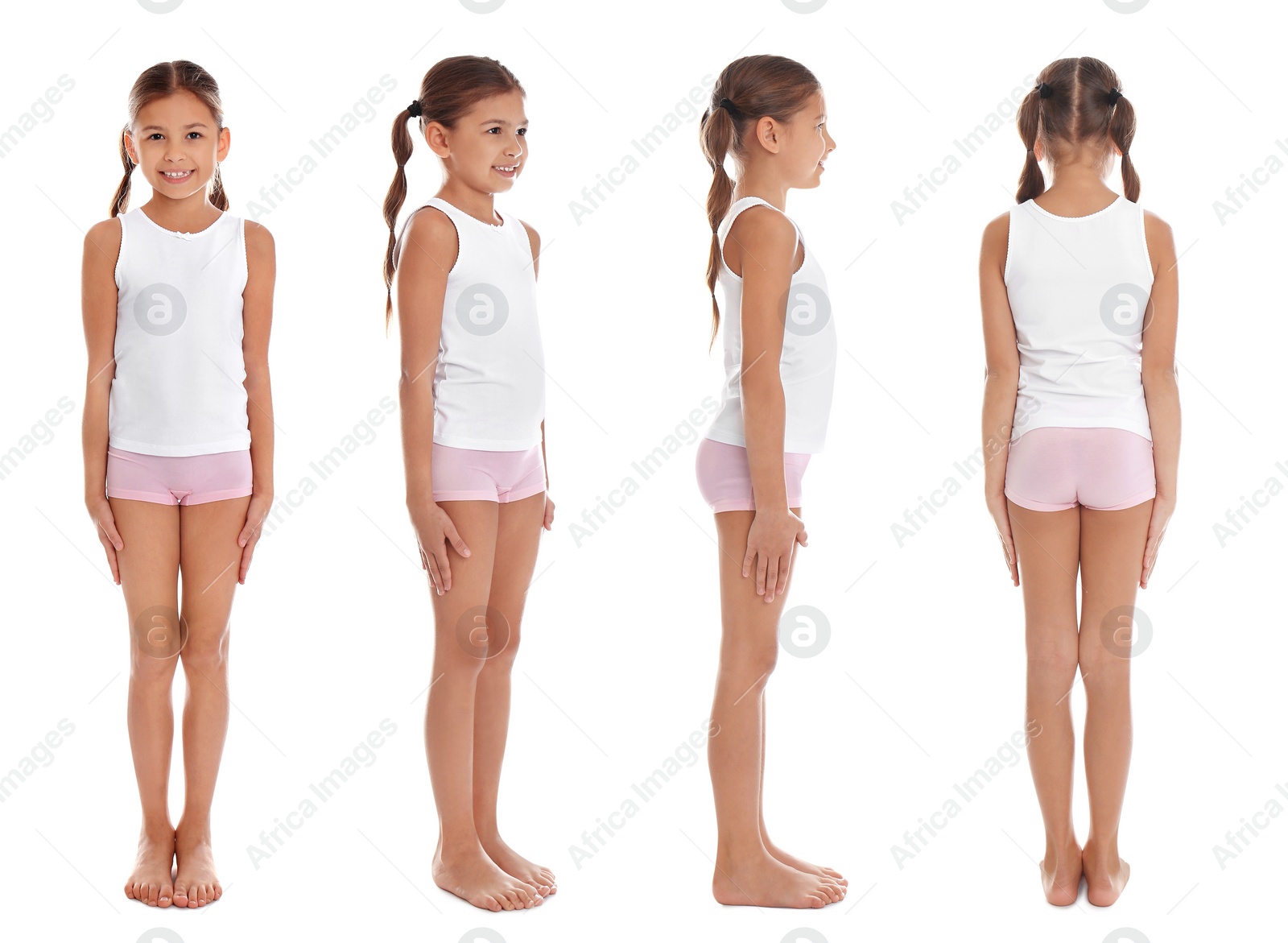 Image of Collage of cute little girl in underwear on white background