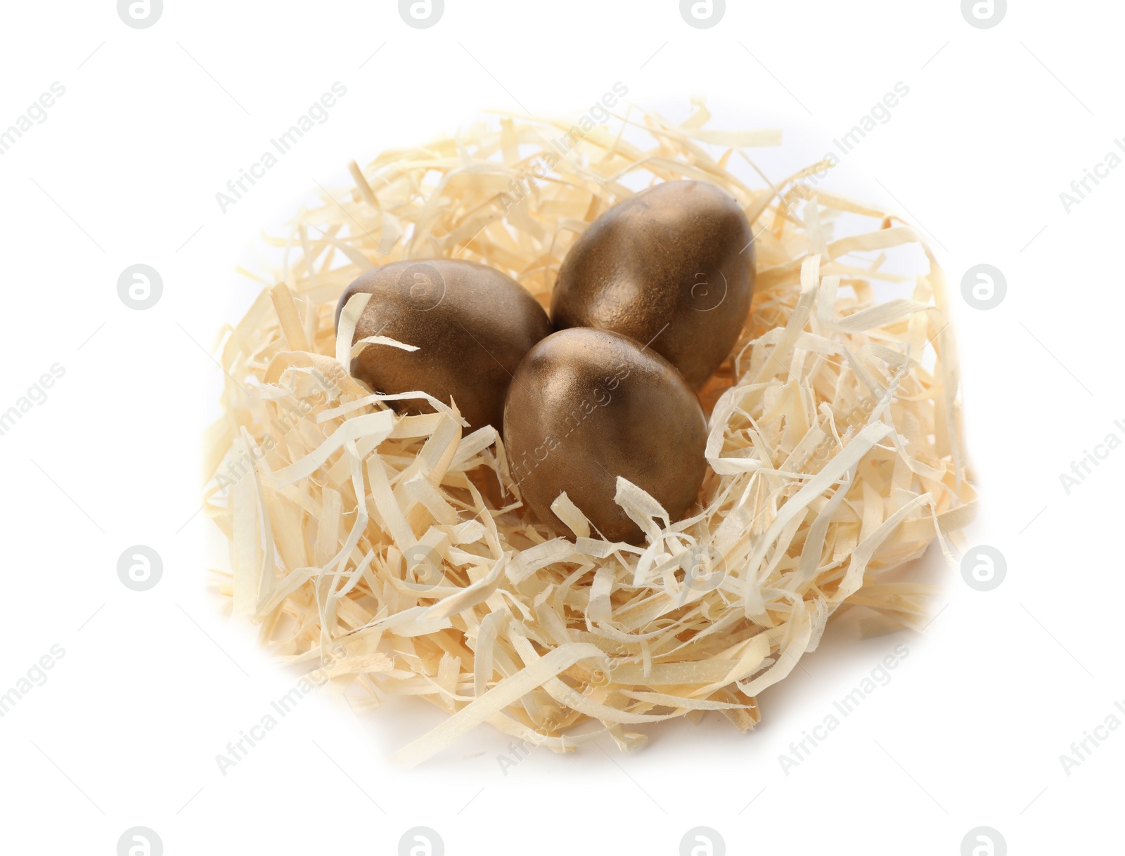 Photo of Nest with golden eggs on white background. Pension concept