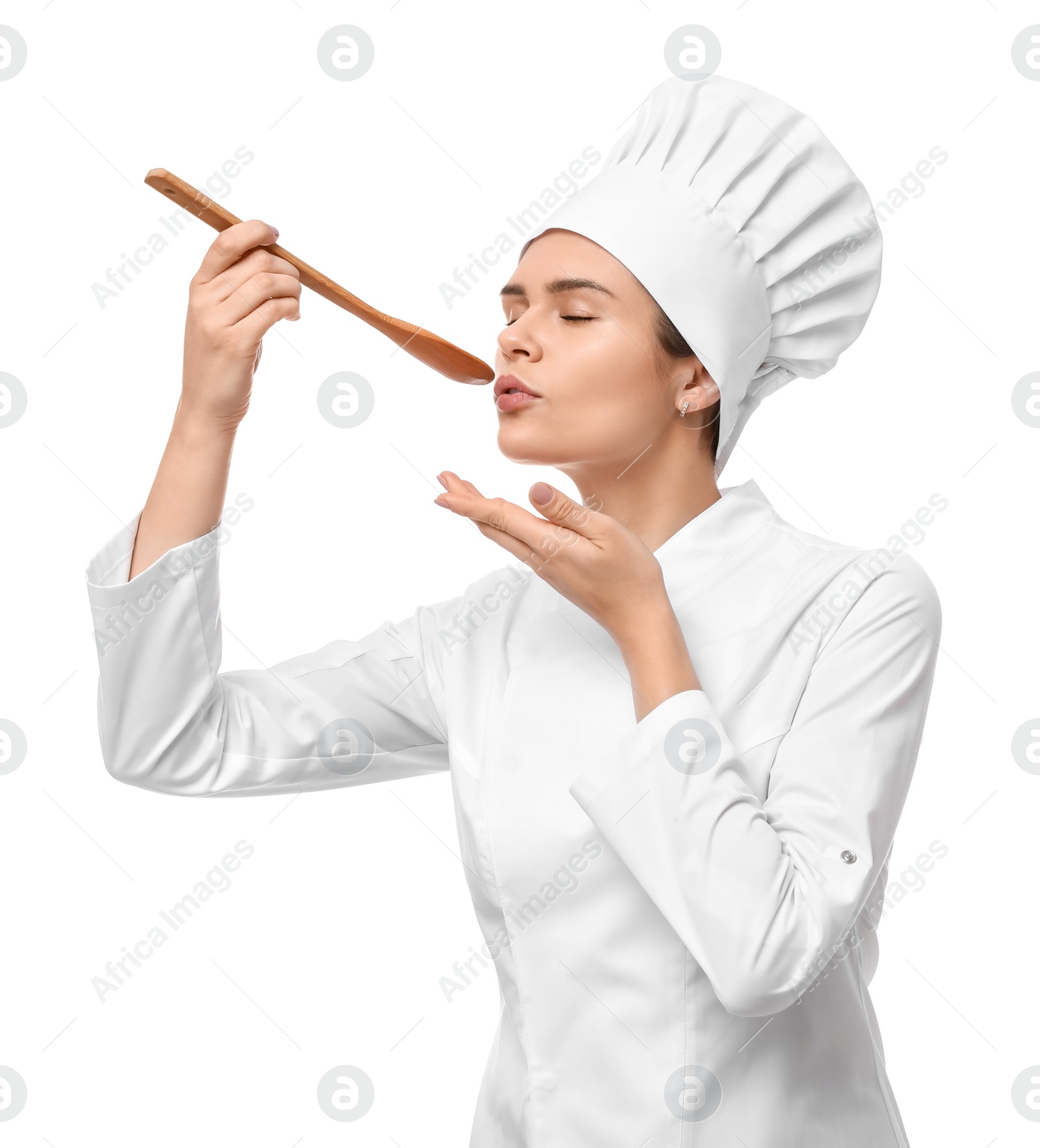 Photo of Happy female chef tasting something on white background