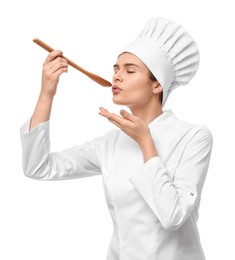 Photo of Happy female chef tasting something on white background