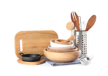 Photo of Set of different cooking utensils and dishes on white background