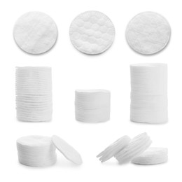 Image of Set with soft cotton pads on white background