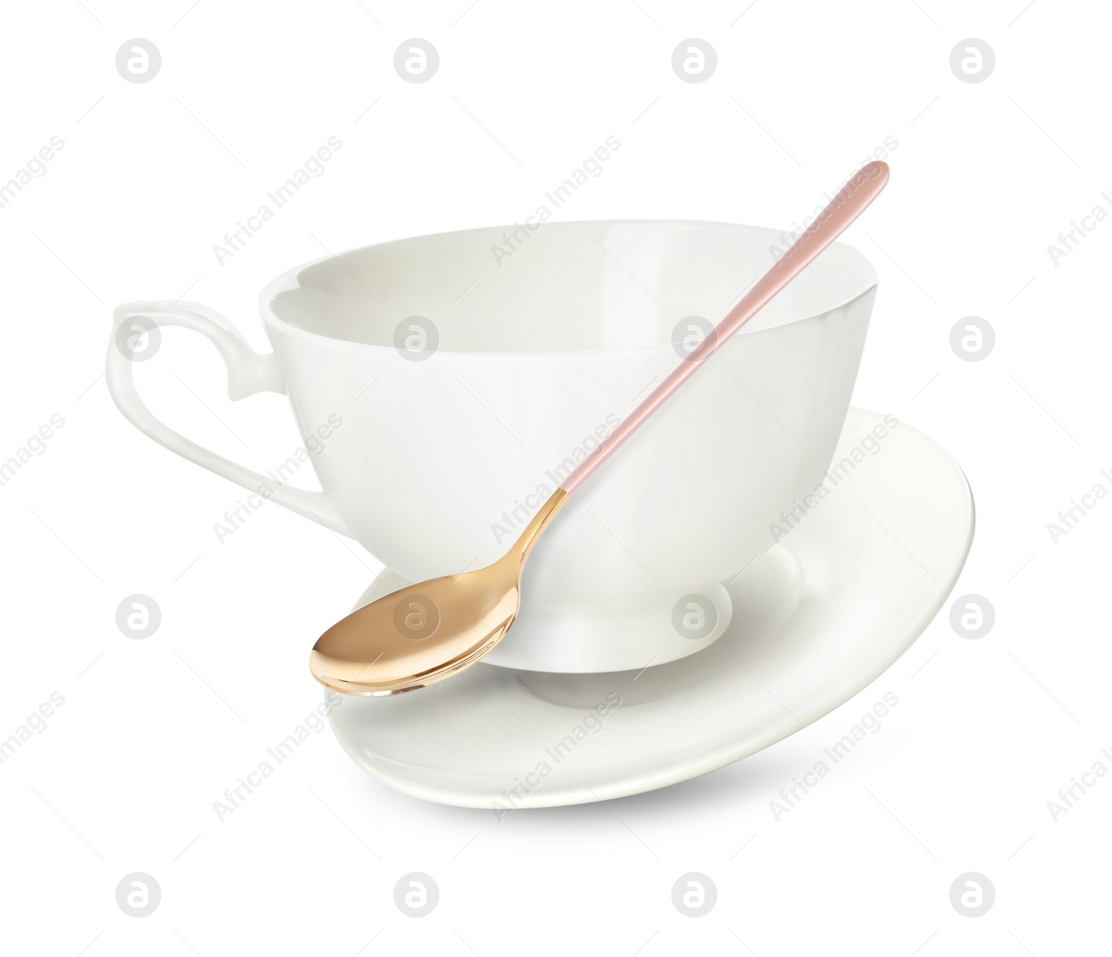 Image of Clean cup with saucer and teaspoon in flight on white background