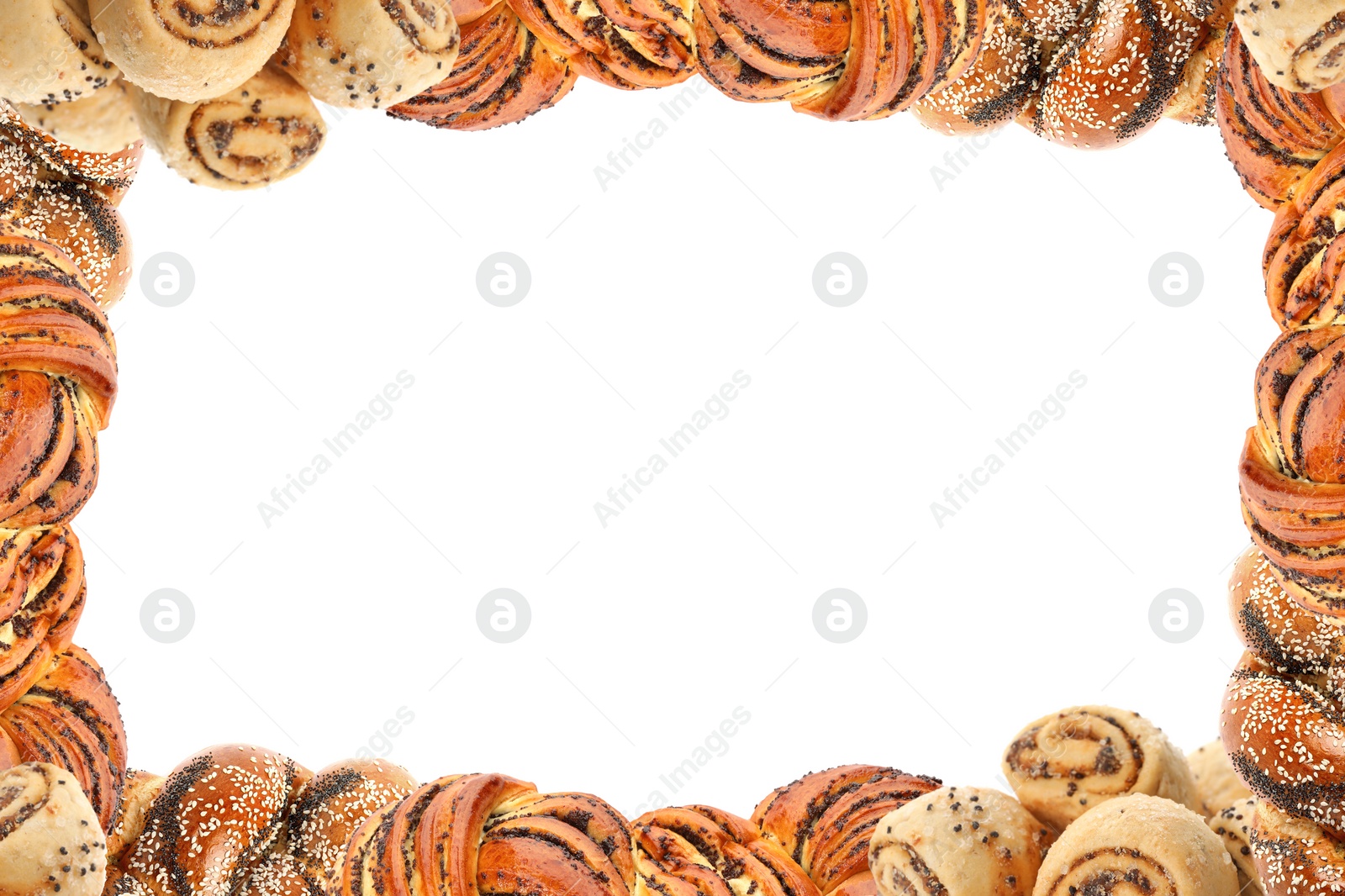 Image of Frame of different pastries with poppy seeds on white background