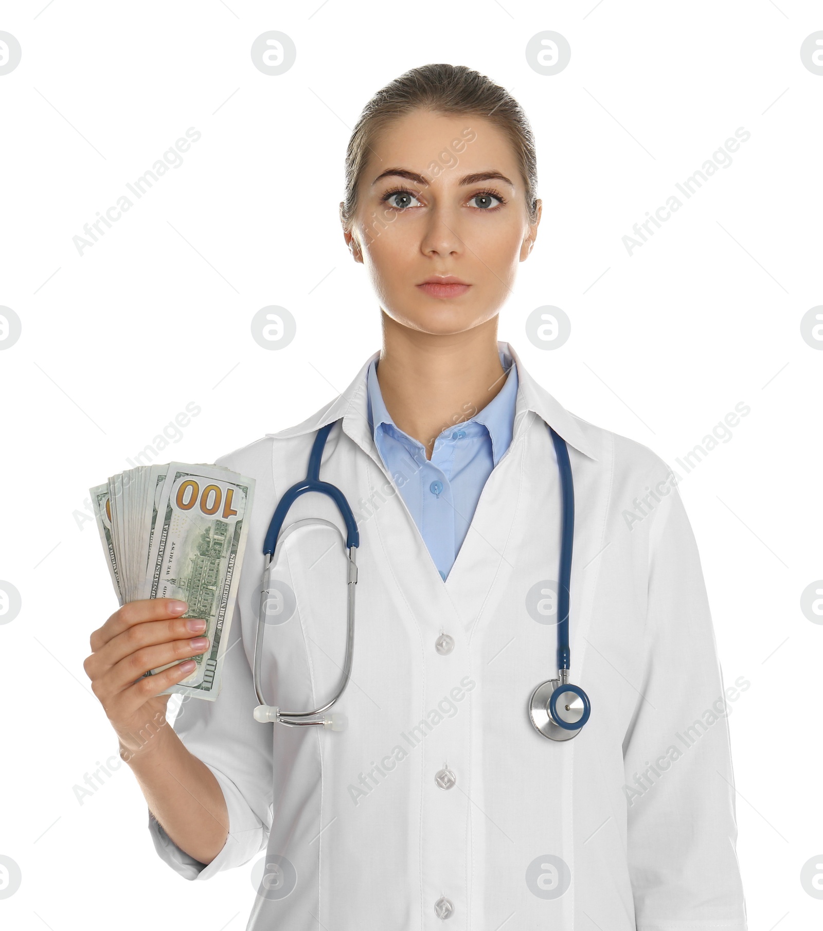 Photo of Doctor with bribe on white background. Corruption in medicine