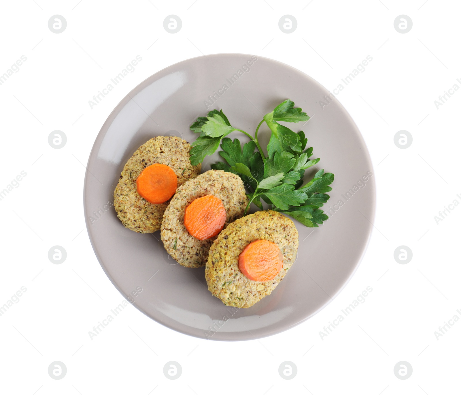 Photo of Plate of traditional Passover (Pesach) gefilte fish isolated on white, top view