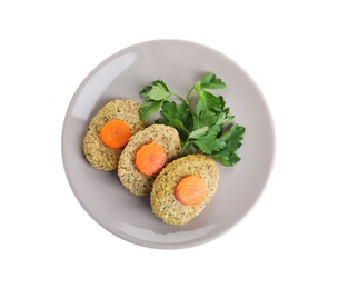 Photo of Plate of traditional Passover (Pesach) gefilte fish isolated on white, top view