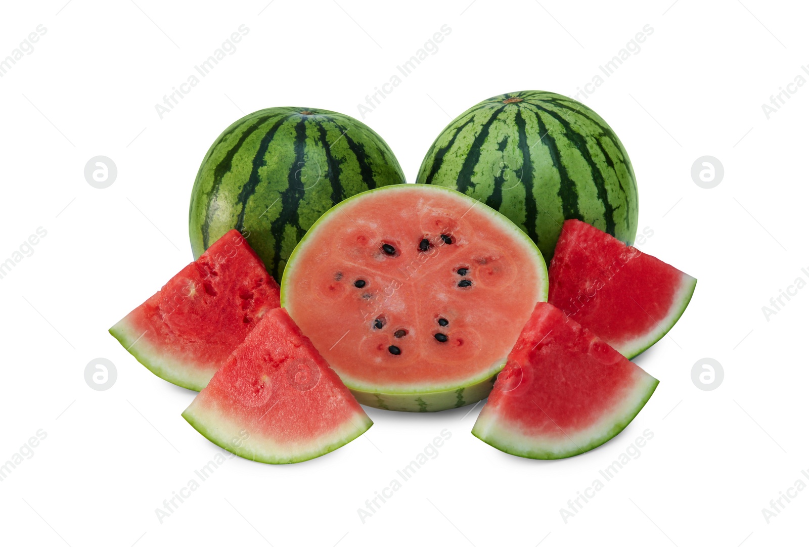 Photo of Delicious cut and whole ripe watermelons isolated on white