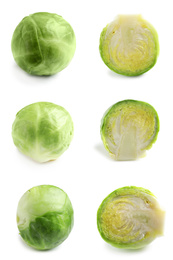 Set of cut and whole Brussels sprouts on white background