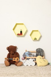 Soft toys and shelfs in beautiful children's room