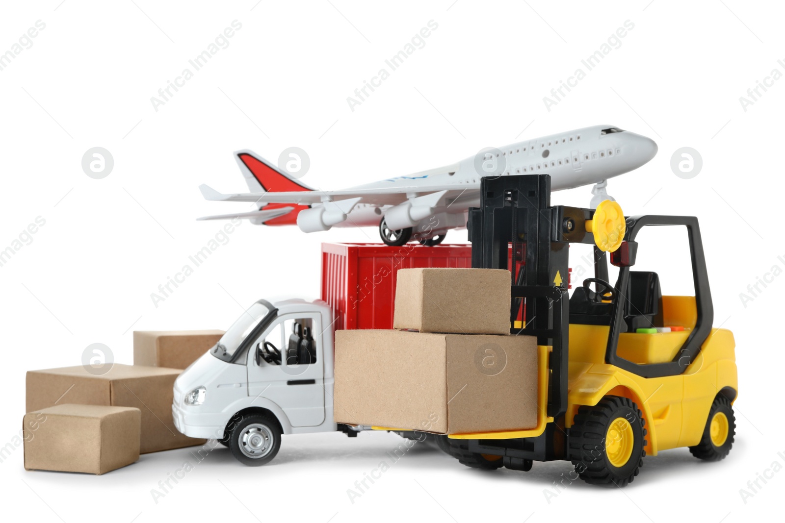 Photo of Different logistics transport with boxes isolated on white. Wholesale concept