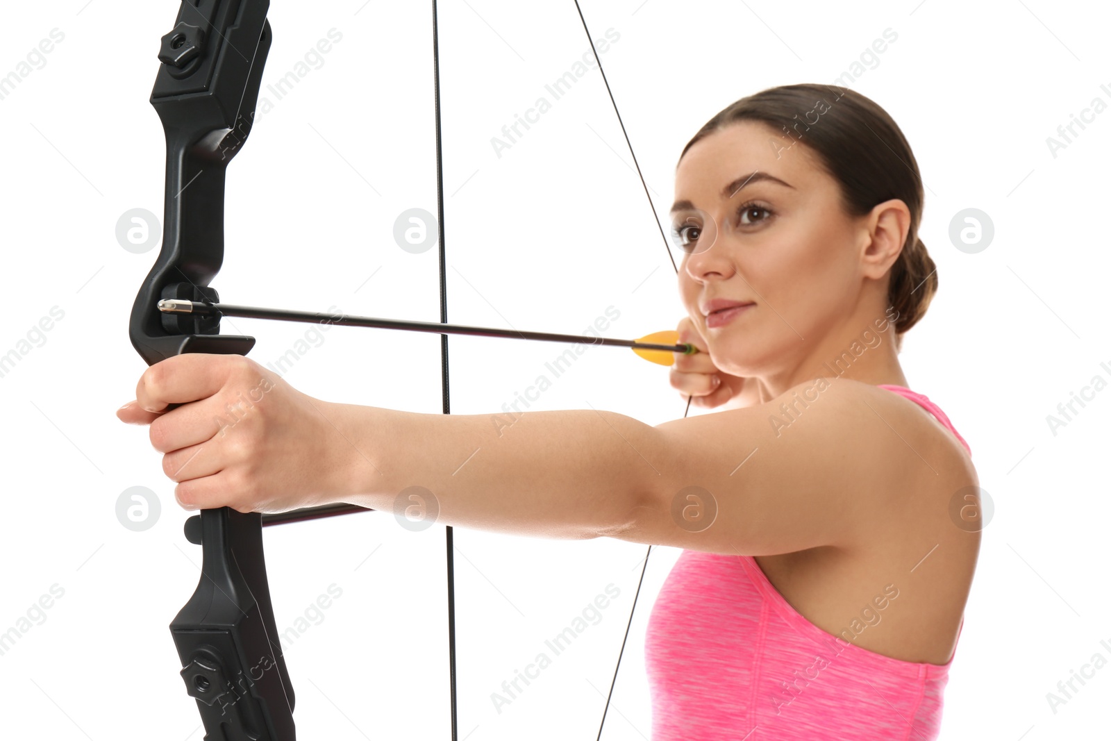 Photo of Sporty young woman practicing archery on white background