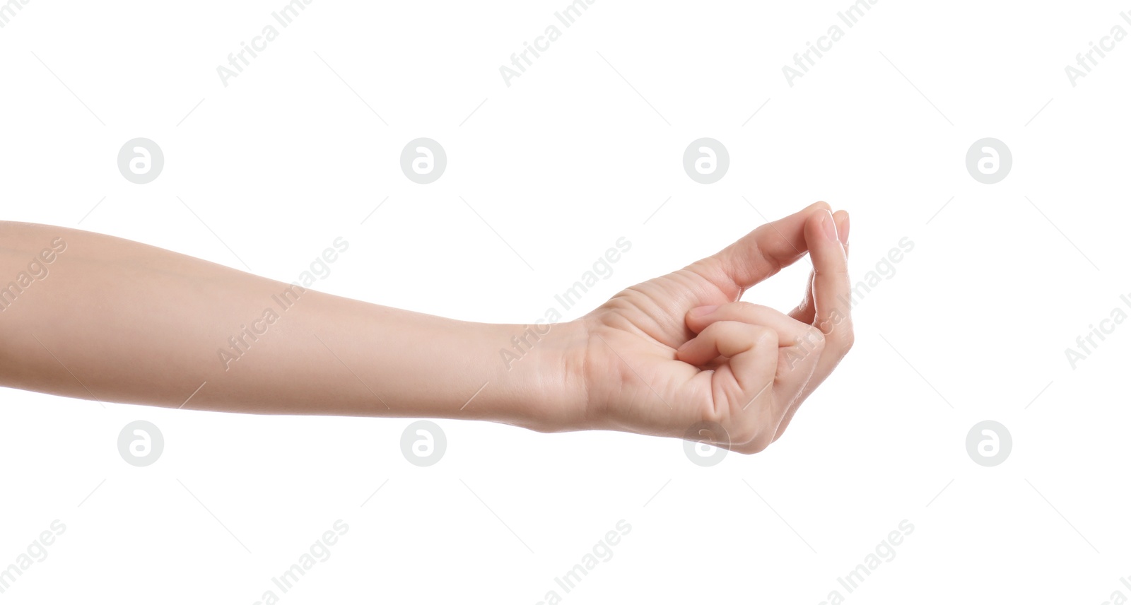 Photo of Woman asking for money on white background, closeup. Hand gesture