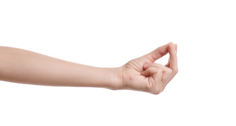 Photo of Woman asking for money on white background, closeup. Hand gesture