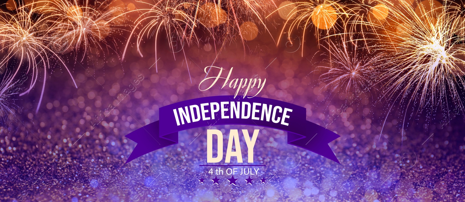 Image of 4th of July - Independence Day of USA. Festive background with fireworks and glitters, bokeh effect