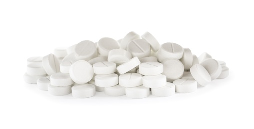 Photo of Pile of pills on white background. Medical treatment
