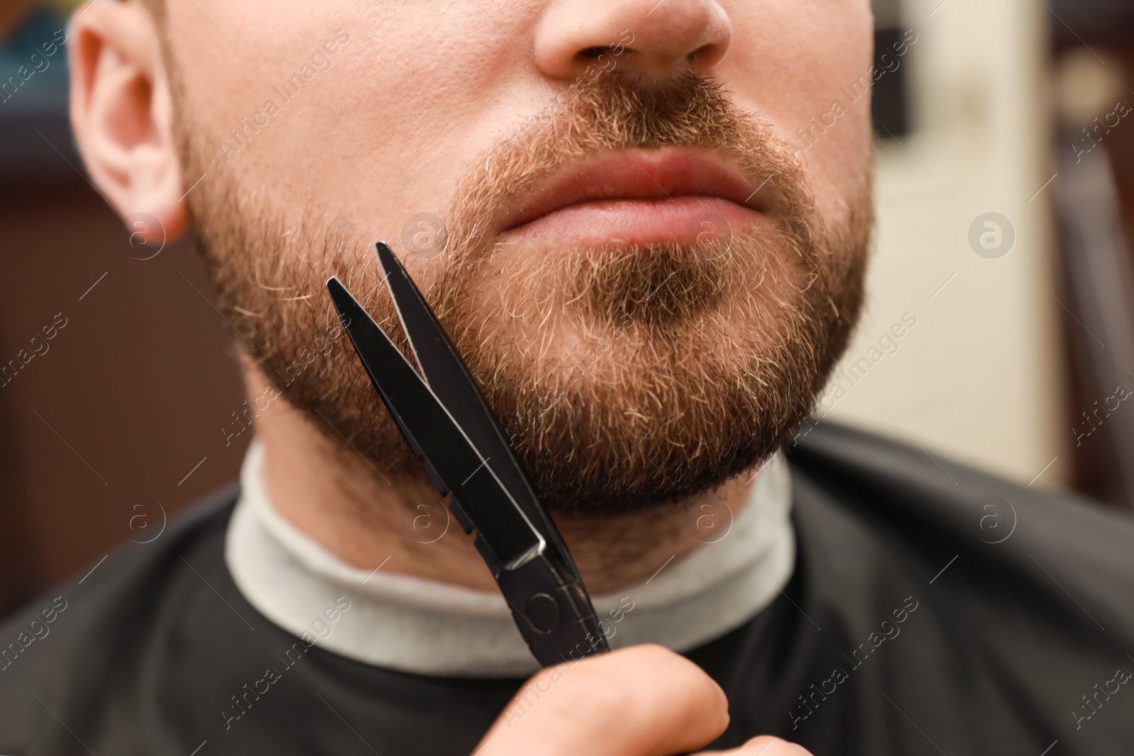 Photo of Professional hairdresser working with client in barbershop, closeup 