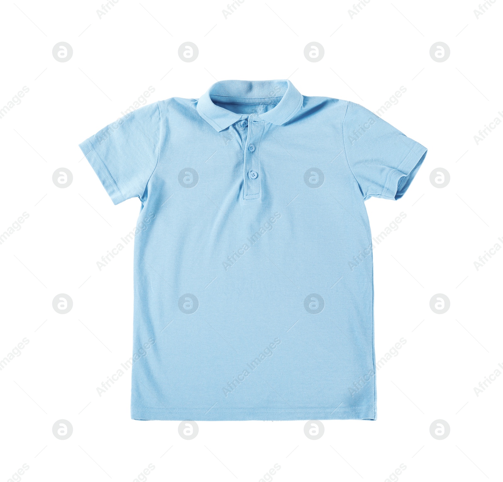 Photo of Light blue t-shirt isolated on white, top view. Stylish school uniform