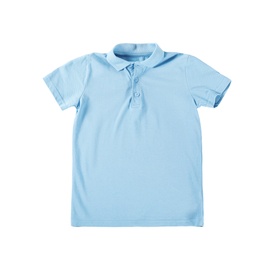 Light blue t-shirt isolated on white, top view. Stylish school uniform