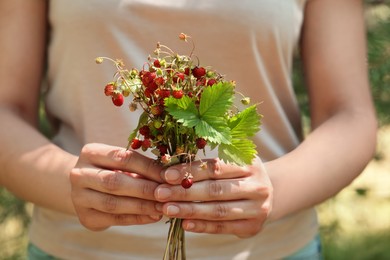 Photo of Woman holding bunch with fresh wild strawberries on blurred background, closeup